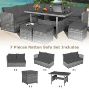 Conjunto de muebles de comedor para patio de 7 piezas de ratán con sofá seccional, mesa de comedor, otomanas y cojines