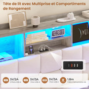 Cama tapizada AOGLLATI 90×200 cm, cama hidráulica con almacenamiento e iluminación LED, cama juvenil con estación de carga, cama individual con cabecero con almacenamiento, tela de lino, sin colchón (beige, 90x200 cm)