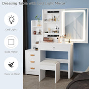 Tocador con espejo y taburete, tocador con luces LED y brillo ajustable, tocador con espejo, escritorio de maquillaje para dormitorio, para adultos, mujeres, niñas