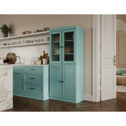 Alacena de madera maciza 100% con puertas de vidrio esmerilado, puertas sólidas, 2 cajones y estantes ajustables