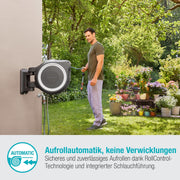 Caja portamanguera de pared Gardena RollUp L (blanco) 30 m exclusiva para Amazon: caja portamanguera giratoria, guía de manguera integrada, incluye 30 m de manguera de calidad Gardena, lanza de limpieza y pistola de riego (18627-38)