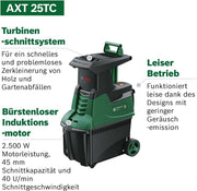 Trituradora de turbina Bosch AXT 25 TC (2500 W; adecuada para madera y residuos de jardín duros; incluye guantes de jardinería; caja colectora integrada de 53 l; en caja de cartón) – Edición