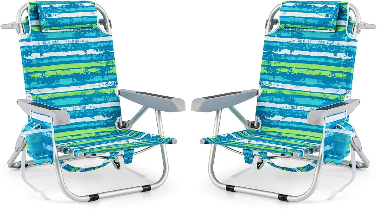 Tumbona COSTWAY, silla de playa plegable, 5 posiciones ajustables, portavasos, toallero, bolsillos, reposacabezas, correas, sillón para playa, piscina, jardín, carga de 150 kg (verde, 2 unidades)