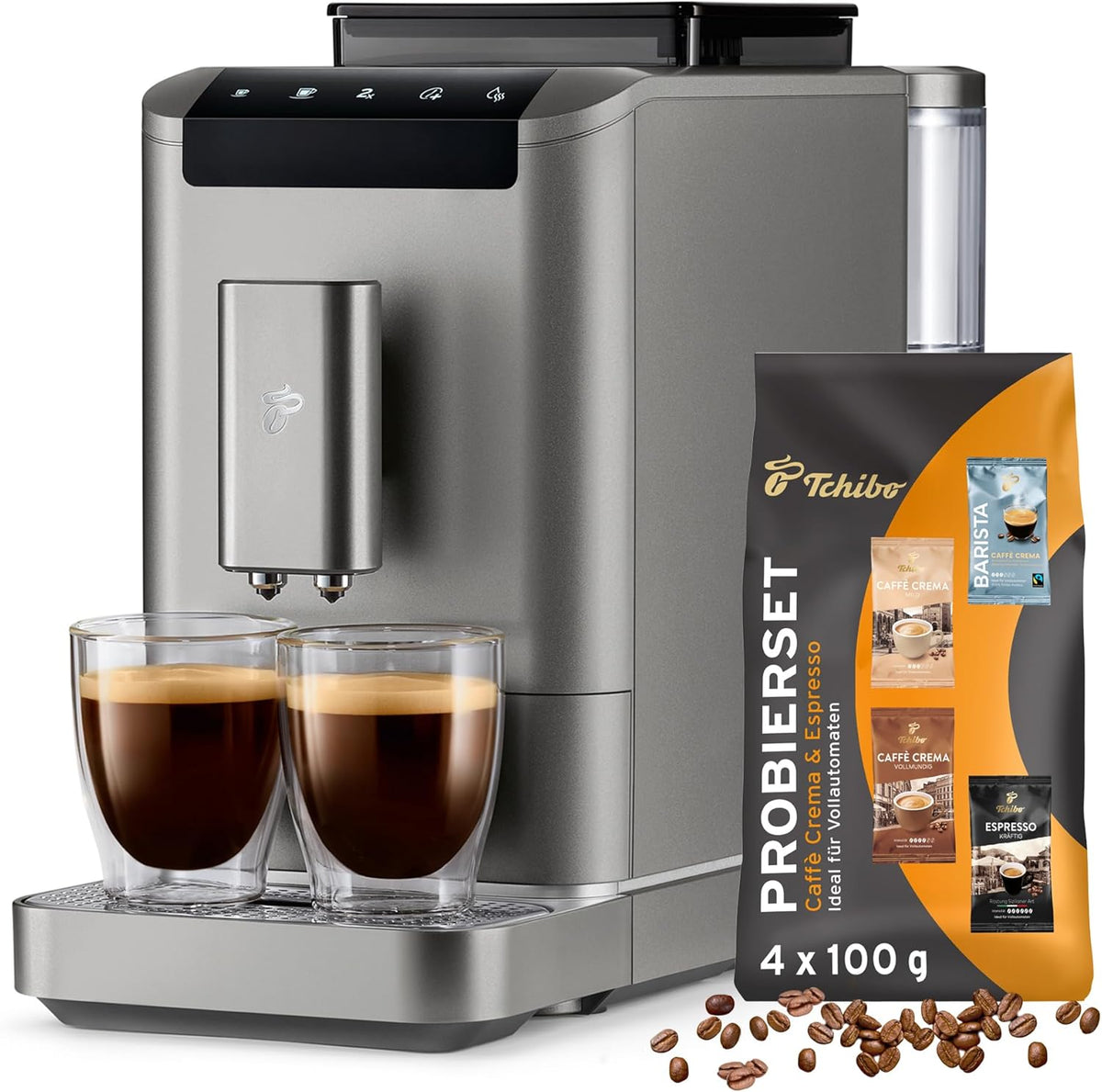 Cafetera superautomática Tchibo Esperto2 Caffè con función para 2 tazas para Caffè Crema y Espresso, Granite Black - INCLUYE set de degustación de café GRATIS