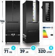 Frigorífico con congelador Bomann® | Congelador No-Frost | Frigorífico de 186 cm | 39 dB | Frigorífico combi con MultiAirflow | 320 L | Frigorífico combi No-Frost | KG 7361 negro-inox