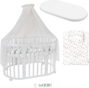 Cuna ovalada evolutiva Waldin, set completo 7 en 1, cuna de barrotes, cama infantil con colchón, cambiador, cuna colecho, madera blanca