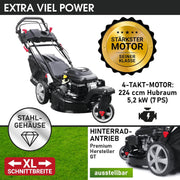 Cortacésped de gasolina BRAST® Trike con tracción | 5,2kW (7CV) | 53cm de ancho de corte | muchos modelos | TÜV | motor OHV de 4 tiempos | 30-80mm de altura de corte | 60L de saco de recogida | carcasa de acero | velocidad