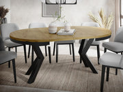 WFL GROUP Mesa de comedor redonda extensible estilo loft - Mesa industrial con patas de metal negro - Mesa que ahorra espacio para salón - Roble Lancelot - 120 a 200 cm