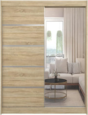 Armario corredero ML Furniture de 150 cm con espejo, armario para dormitorio, armario multiusos para salón - 150 x 200 x 58 cm; color: blanco, armario de puertas correderas