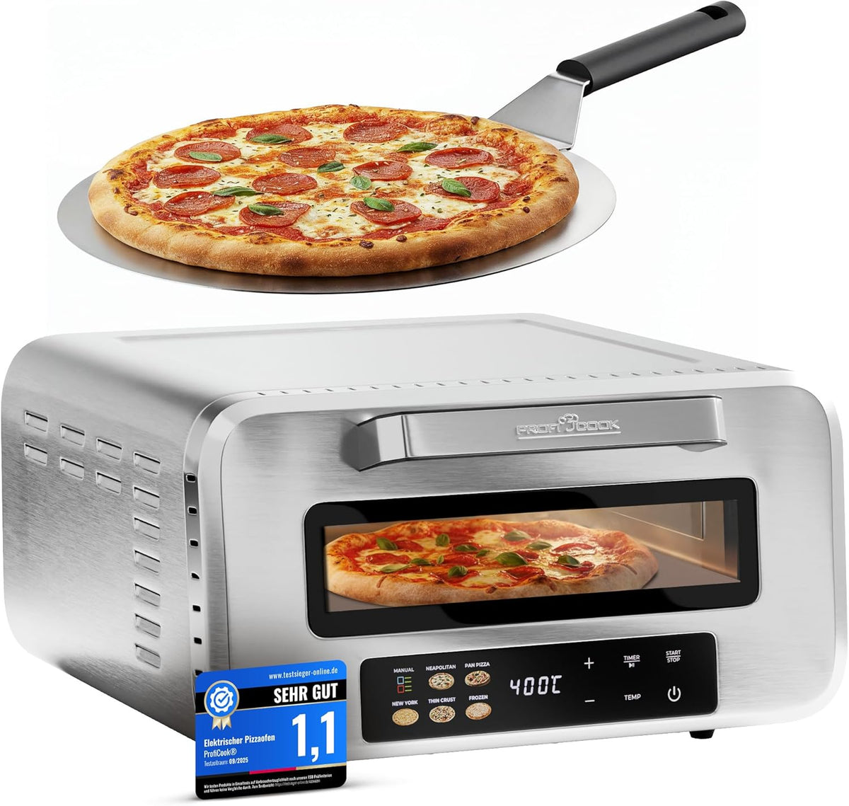 Horno de pizza eléctrico ProfiCook® | 400 °C | piedra para pizza auténtica | incluye pala para pizza | ajuste variable de tiempo y temperatura | horno eléctrico para pizza | para pizza en menos de 5 min | pizzamaker | PC PO 1323