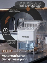 FOHERE Máquina de hielo de acero inoxidable 24 kg/24h, 24 cubitos en 10 min, 3,2 L, doble entrada de agua, 40 dB, temporizador, autolimpieza, descongelación