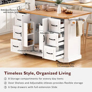 Isla de cocina extensible con alas abatibles, carrito de cocina sobre 4 ruedas con toma de corriente, mesa isla móvil con 2 puertas y 6 cajones