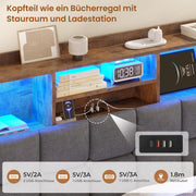 Cama tapizada AOGLLATI 140×200, cama hidráulica con almacenaje e iluminación LED, cama juvenil con puertos USB y tipo C, estructura de cama doble con listones de madera, tela de lino, sin colchón (Gris, 140x200 cm)