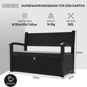 Banco de jardín con almacenamiento Olsen & Smith de 265 litros, resistente a la intemperie, arcón con cerradura, caja de almacenamiento para cojines, plástico impermeable, para herramientas, juguetes, mantas y más, negro