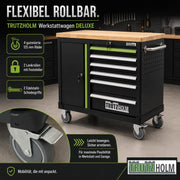 TRUTZHOLM Carro de herramientas vacío Deluxe, carro de taller con 6 cajones y compartimento con puerta, armario de herramientas con cerradura y ruedas con encimera de madera maciza, banco de trabajo móvil 108 x 46,5 x 77 cm, verde/negro