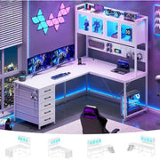 Escritorio gaming en forma de L, escritorio para computadora, panel perforado, 5 cajones y estante de almacenamiento