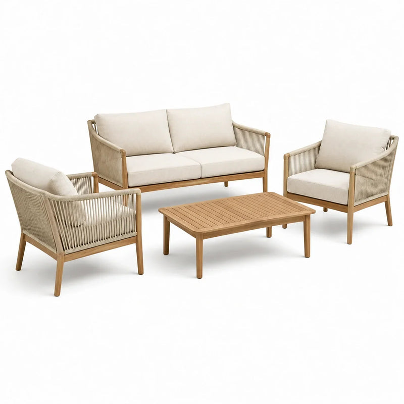 Set de muebles de jardín de 4 piezas en beige y marrón natural, sofá de dos plazas 154 × 78 × 78 cm, 2 sillones 73 × 78 × 78 cm, mesa 110 × 60 × 38 cm