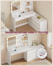 Colección VASAGLE Kailyn - Tocador con espejo e iluminación LED, mesa de maquillaje con 9 bombillas, 8 cajones, 3 estantes, 3 colores de luz, recto o en forma de L, blanco nube RDT140WB01