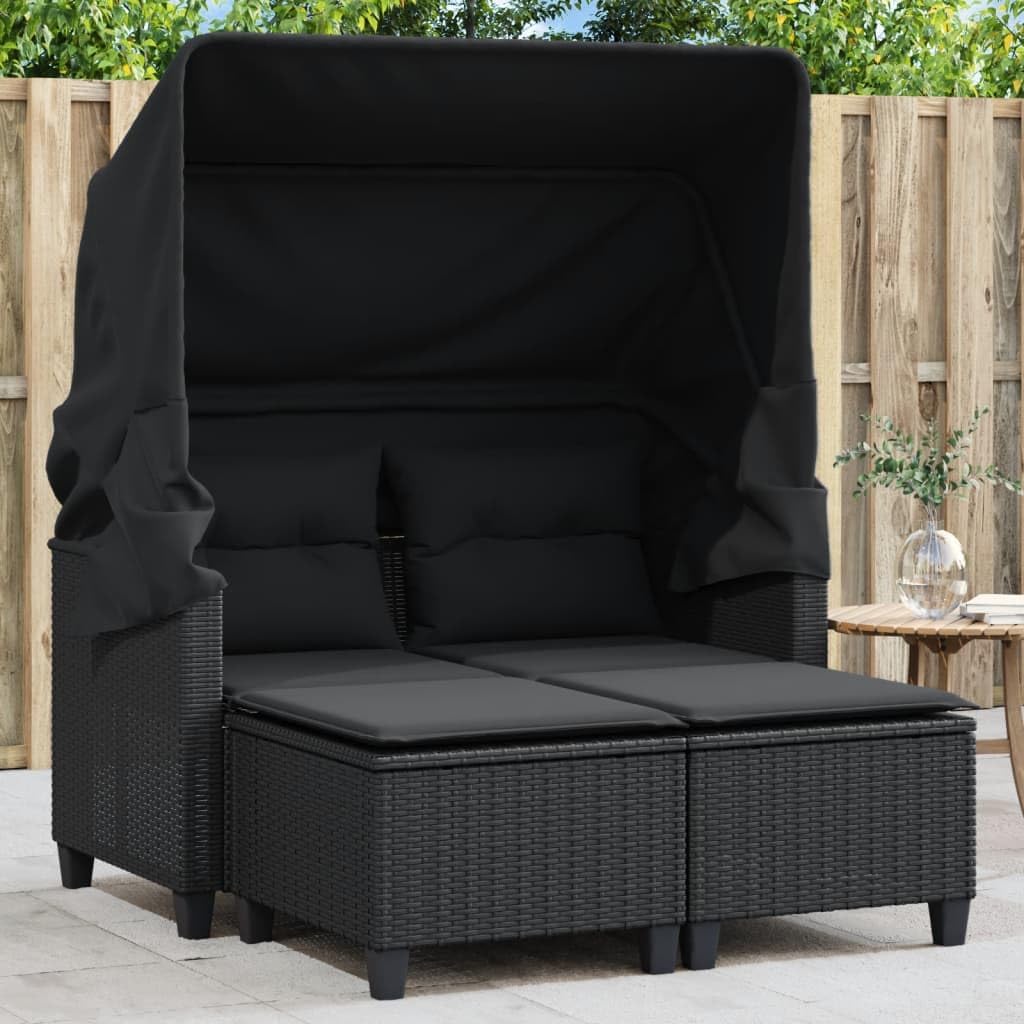 Sofá de jardín de 2 plazas con toldo y taburetes, de poliratán negro, muebles de jardín, conjunto de jardín con dosel