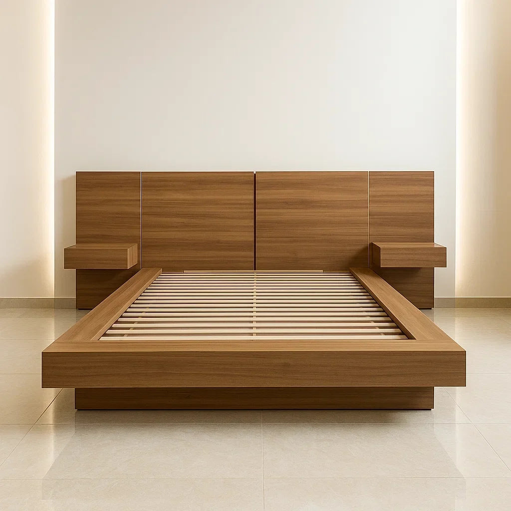 Juego de dormitorio de 4 piezas en marrón de madera compuesta con cama, cabecera y 2 mesas de noche