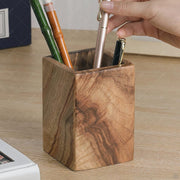Portalápices de madera maciza de alcanfor 8x8x12 cm – Organizador de escritorio, cubilete para lápices