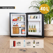 TZS First Austria - Mini refrigerador de 40L silencioso con cerradura - Pequeña mininevera con puerta reversible y luz interior - Minibar para camping, oficina, dormitorio y hotel - Negro mate