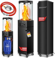 KESSER® Calentador de gas 4/8 kW, encendido piezoeléctrico + regulador de presión de gas + funda, ruedas 360°, protección antivuelco, estufa de terraza, calentador de gas para exteriores, chimenea móvil, calefactor, negro
