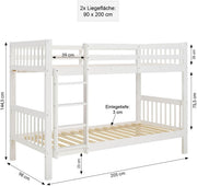 Homestyle4u, litera para 2 niños 90x200 con escalera, madera de pino blanco, cama alta 90x200 divisible en 2 camas infantiles, litera doble