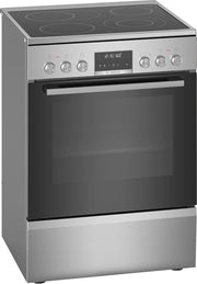 Cocina eléctrica de libre instalación Bosch Serie 4 HKR39C250, 60 cm de ancho, asistente de limpieza EcoClean Direct, aire caliente 3D para hornear en 3 niveles, control por pantalla LED, zona de cocción ampliable para recipientes grandes