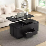 Mesa de centro elevable moderna multifuncional Zeus & Ruta con almacenamiento oculto, 4 taburetes y ruedas, perfecta para espacios modernos