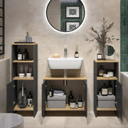 Set de muebles de baño Vicco Karli, antracita/roble dorado, 131.4 cm, compuesto por mueble bajo lavabo, armario con espejo y armario columna