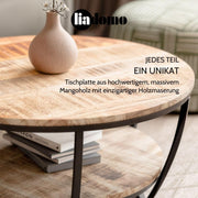 Mesa de centro Gianna, redonda 86 cm, mesa de salón, mesa auxiliar, tablero de madera de mango, estructura de metal con recubrimiento en polvo negro, con estante adicional, robusta, de fácil mantenimiento