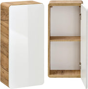Conjunto de muebles de baño Lomadox con lavabo de 81 cm y armario con espejo LED, blanco brillante con imitación roble Wotan, armario colgante, armario bajo
