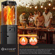 KESSER® Calentador de gas 4/8 kW, encendido piezoeléctrico + regulador de presión de gas + funda, ruedas 360°, protección antivuelco, estufa de terraza, calentador de gas para exteriores, chimenea móvil, calefactor, negro