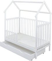 Set completo de cuna Baby Delux, cama casita de 60x120 cm, color blanco, con cajón, barrera anticaídas, colchón, ropa de cama y set de decoración (Prince Stars)
