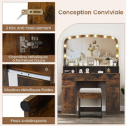 COSTWAY Tocador con espejo y taburete, tocador con almacenamiento, estación de carga, 3 colores de luz, mesa de maquillaje de 108 cm de ancho, 3 compartimentos, 3 cajones, 2 armarios estilo industrial