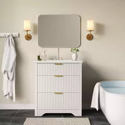 Conjunto de tocador de baño moderno estriado con lavabo de cerámica integrado, mueble de baño independiente con 3 cajones para baño contemporáneo
