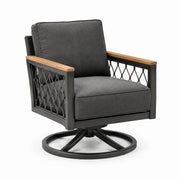 Sillón gir atorio gris con estructura de metal y reposabrazos de madera
