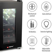 alpina Vinoteca - 230V - 18 Botellas/50L - Temperatura Regulable de 11°C a 22°C - Puerta de Cristal e Iluminación Interior - Poco o nulo ruido - Negro