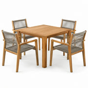 Conjunto de comedor de jardín de madera de teca con mesa y 4 sillas de cuerda trenzada