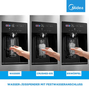 Midea KS-DDX 6.32 WT Frigorífico americano / 178,8 cm de altura / 254 kWh/año / No Frost / Compresor Dual Inverter / con dispensador de agua/hielo 3 en 1 y depósito de agua, Dark Inox