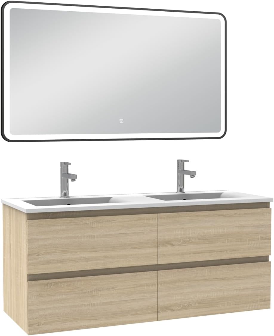 AICA Mueble de baño 120cm Roble Wotan, doble lavabo + espejo luminoso 3 colores + regulable