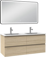 AICA Mueble de baño 120cm Roble Wotan, doble lavabo + espejo luminoso 3 colores + regulable