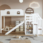 Kinderbett Etagenbett 90x200,Hausbett Hochbett mit Rutsche&Regal&Stauraum Treppe,Bettgestell mit Rausfallschutz&Lattenrost, Funktionsbett Stockbett Spielbett Jugendbett,Kiefernholz,Ohne Matratze,Weiß