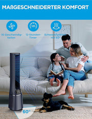 Ventilador de torre 2 en 1 Midea MFP-120i (BL) silencioso 38 dB, purificador de aire con filtro HEPA H13 para 47,6 ㎡, pantalla LED, mando a distancia, oscilación, temporizador de 12 h, compatible con conexión inalámbrica, App, Alexa y Google