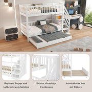 Cama litera infantil Rtopsu 90x200 cm con cama extraíble, cama alta con escalera y estantería de almacenamiento, cama casita con somier de madera y protección anticaída para 2-3 niños, blanco, sin colchón