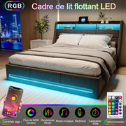 LIVLUX Cama con canapé 140x190 con somier LED y USB, cama doble tapizada con almacenamiento hidráulico, cama para 2 personas para adultos y adolescentes, lino gris claro, 140 x 190 cm