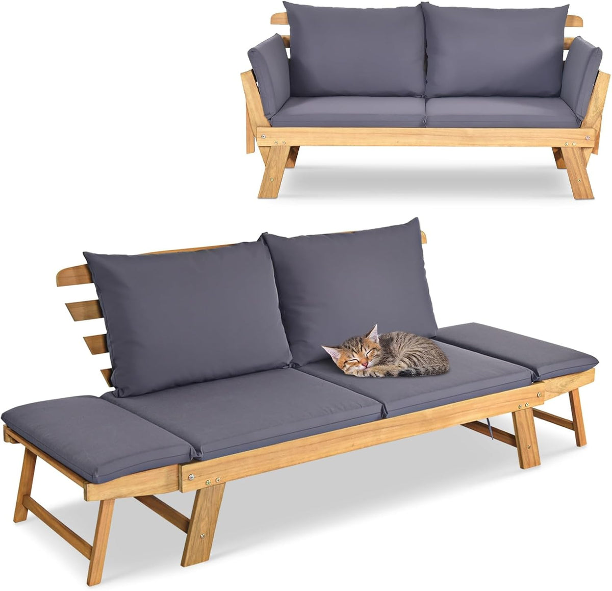 GIANTEX Banco de jardín con función de tumbona, sofá de jardín con reposabrazos plegables, banco de balcón con cojines, banco de exterior de madera de acacia, sofá lounge de 3 plazas, sofá cama para balcón, jardín y terraza | Diseño 3 en 1