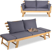 GIANTEX Banco de jardín con función de tumbona, sofá de jardín con reposabrazos plegables, banco de balcón con cojines, banco de exterior de madera de acacia, sofá lounge de 3 plazas, sofá cama para balcón, jardín y terraza | Diseño 3 en 1