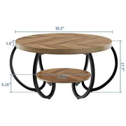 Mesa de centro industrial redonda de 30 pulgadas, 2 niveles con patas ajustables, estante con veta de madera, diseño de llama, fácil montaje, para sala de estar